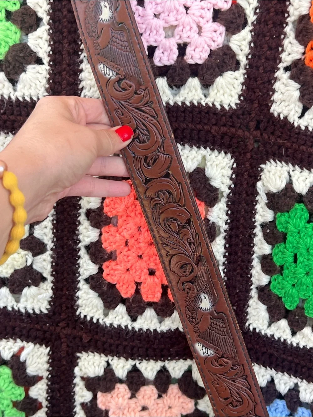 Vintage Eagle Embossed Leather Belt Strap Size 36 Brown Western USA No Buckle